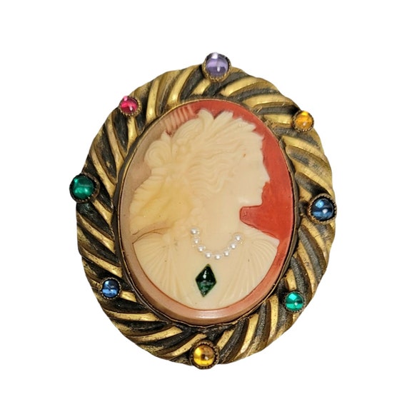 Gold Plated Brass Painted Glass Cameo, Gripoix Style Cabochons C Clasp Pin Brooch