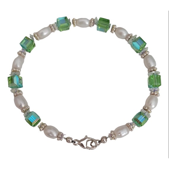 Sterling Silver Green AB Square Crystal And Pearl Bracelet 8” Long, K712