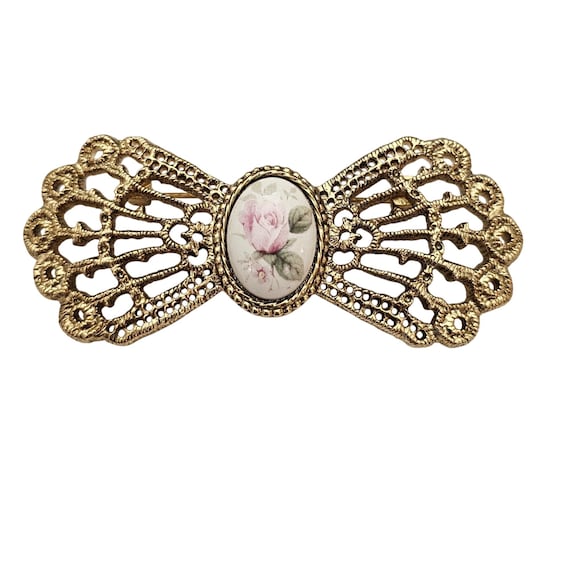 1928 Brand Filigree Bow Brooch Oval Center Rose Glass Cabochon Pin C859