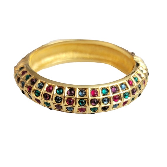 Gold Tone Multi Color Glass Cab Tongue Clasp Bangle Bracelet