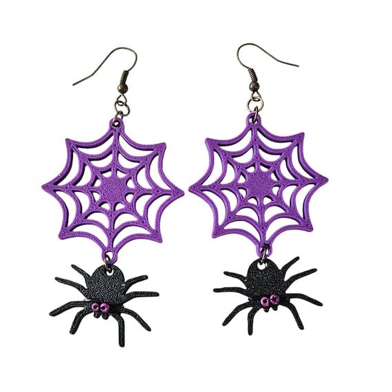 Spider And Web Dangle Hook Earrings Purple, Black, Glass Bead Eyes L517