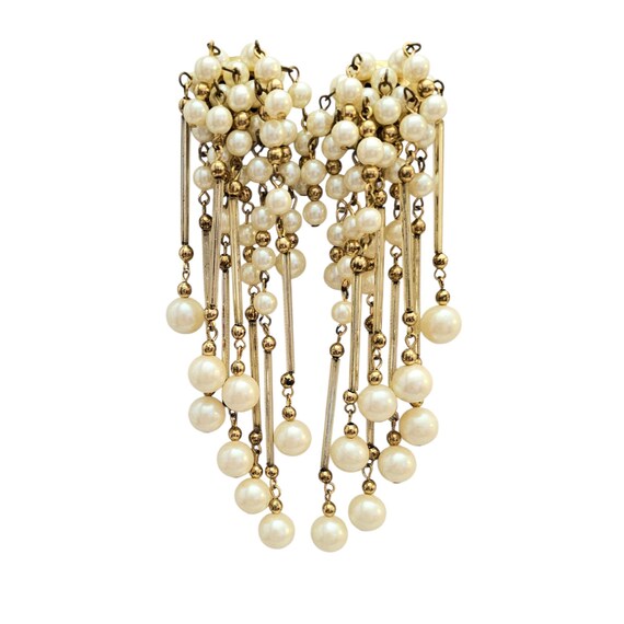 Gold Tone Faux Pearl Glass Tube Shoulder Duster Clip On Earrings