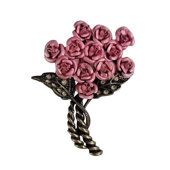 Avon Nina Ricci Vintage Pink Rose Green Rhinestone Bouquet Brooch, Signed K521