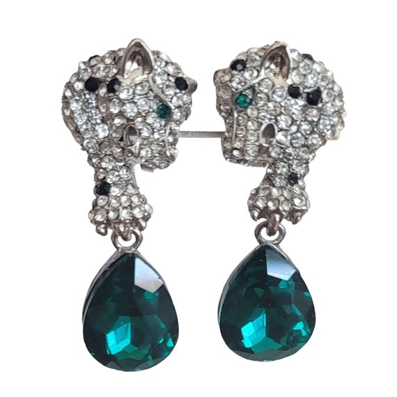 Panther Rhinestone Blue Lucite Dangle  Pierced Lever Back Earrings, K256