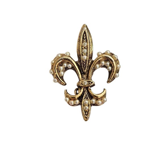 TACOA Gold Tone Vintage Faux Pearl Fleur De Lis Pin, Signed L817