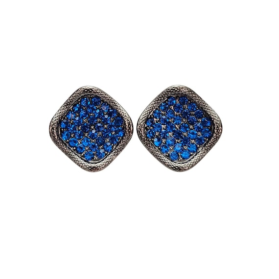 Silver Tone Blue Pave Rhinestone Clip On Curvy Square Earrings C720