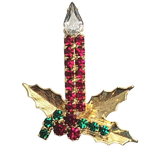 Gold-Tone Red Prong set Rhinestone Holly Berry Candle Pin Brooch
