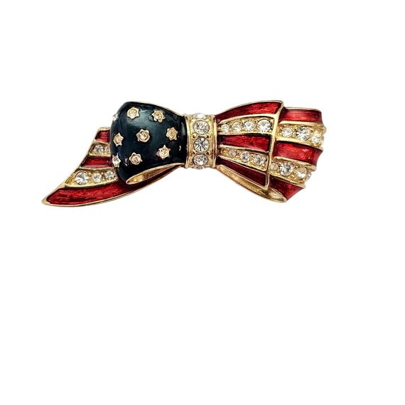Carolee Patriotic Brooch Red Blue Enamel Clear Rhinestone Bow Pin Signed, C638