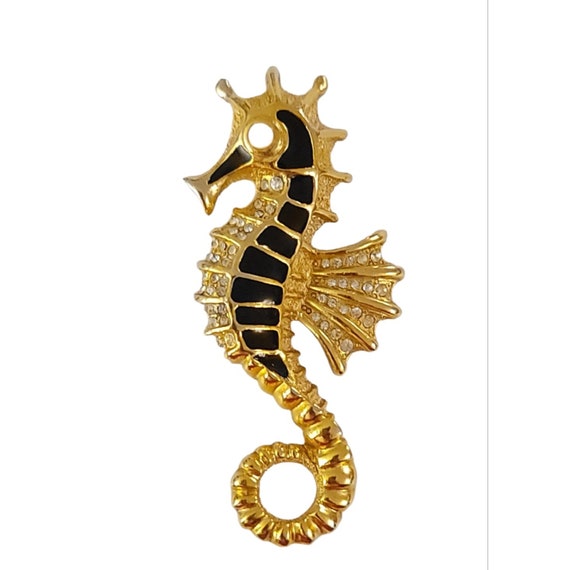 1928 Brand Gold Tone Black Enamel Clear Rhinestone Seahorse Brooch Pin K537
