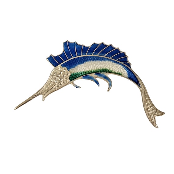 Sterling Silver Blue Guilloche Enamel Swordfish Brooch Pin L230