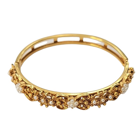 Florenza Goldtone Hinged Scroll Ladder Back Faux Pearl Bracelet, Signed