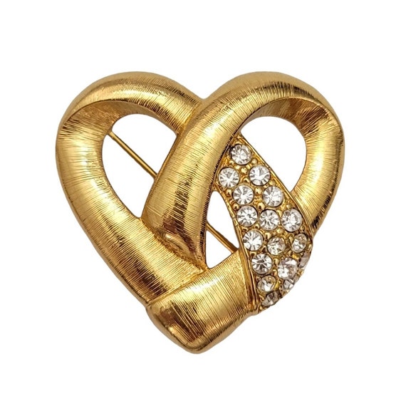Monet Brushed Gold Tone Clear Rhinestone Vintage Open Heart Brooch Pin, Signed E263