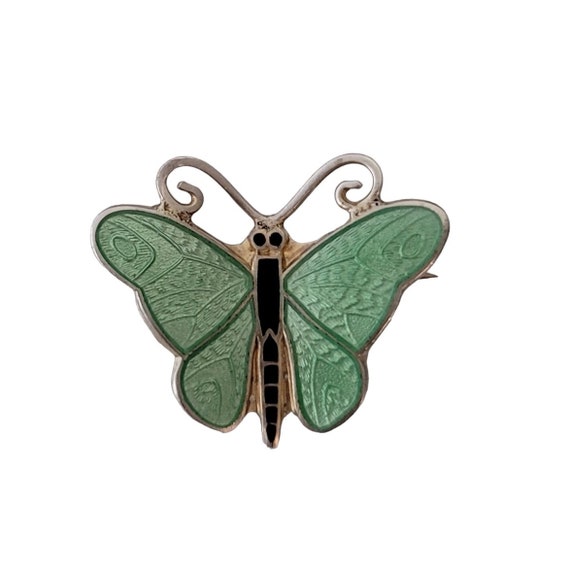 Norway Sterling Silver Green Guilloche Butterfly C-Clasp Pin Brooch, E237