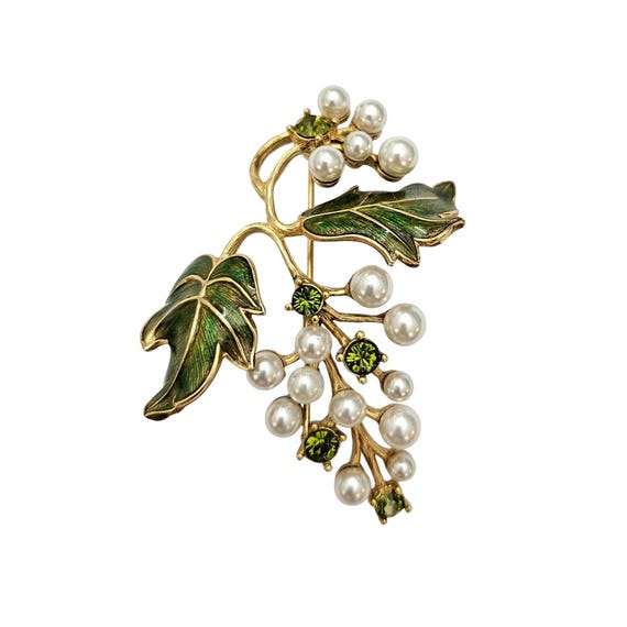 MMA Metropolitan Museum of Art  Faux Pearl Green Rhinestone Grape Vine Brooch