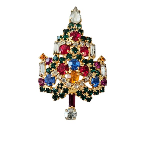 Warner Christmas Tree Brooch Red Green Clear Rhinestone Pin Signed, J120