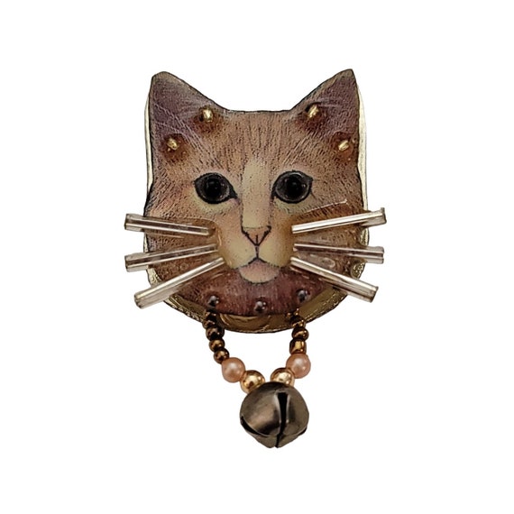 Bonnie Kondor Artisan Mixed-Media Beads dangle Bell Cat Brooch Pin, Signed K683