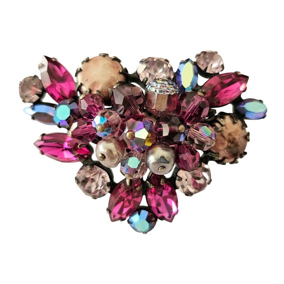 Regency Faux Pearl Pink Rhinestone Cluster Brooch Beaded Pin Signed C955