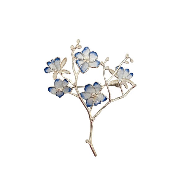 Sterling Vintage Plique-A-Jour Style Blue Flower Brooch Branch Pin