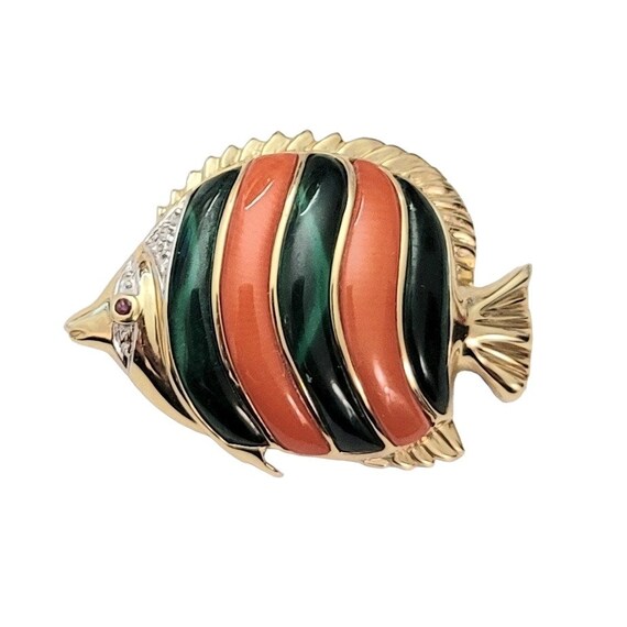 14K Yellow Gold Malachite, Coral Inlay Tropical Fish Brooch Pin E471
