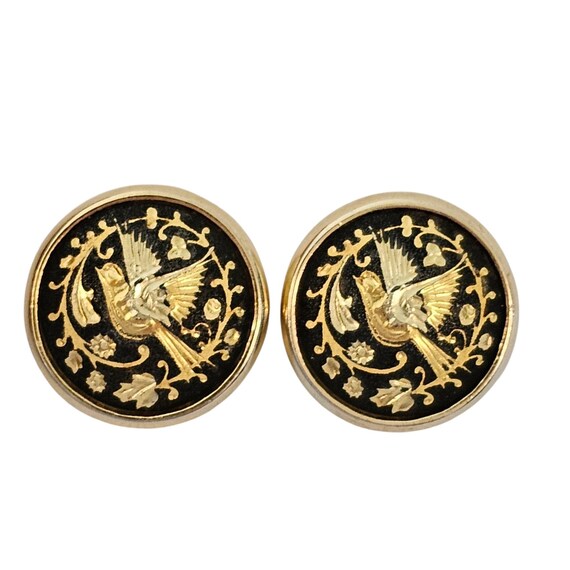 Round Vintage Damascene Bird Clip On Earrings
