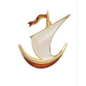 Norway Sterling 925 Red White Enamel Sailboat Viking Ship Pin Brooch, M248