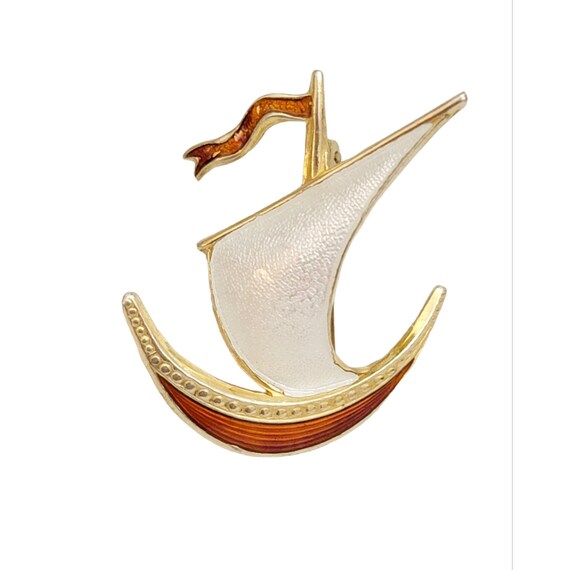 Norway Sterling 925 Red White Enamel Sailboat Viking Ship Pin Brooch, M248