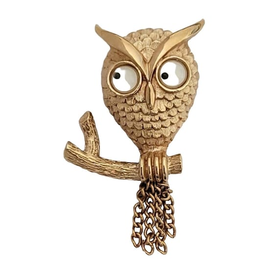 Avon Vintage Gold Tone Googly Eye With Tassel Owl Brooch Pin, Signed M112