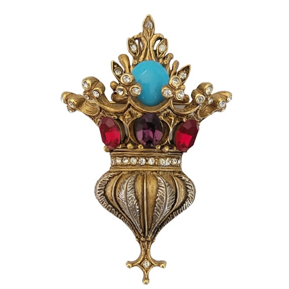 Erwin Pearl Fleur De Lis Jeweled Rhinestone Crown Style Brooch Pendant, Signed K356