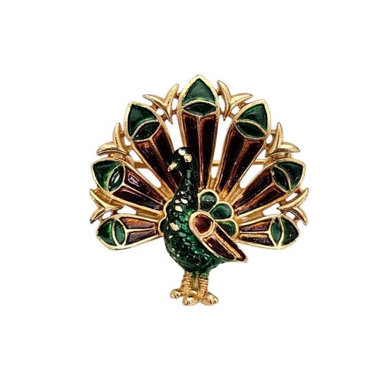 Trifari Peacock Brooch Green Enamel Vintage Pin, Signed