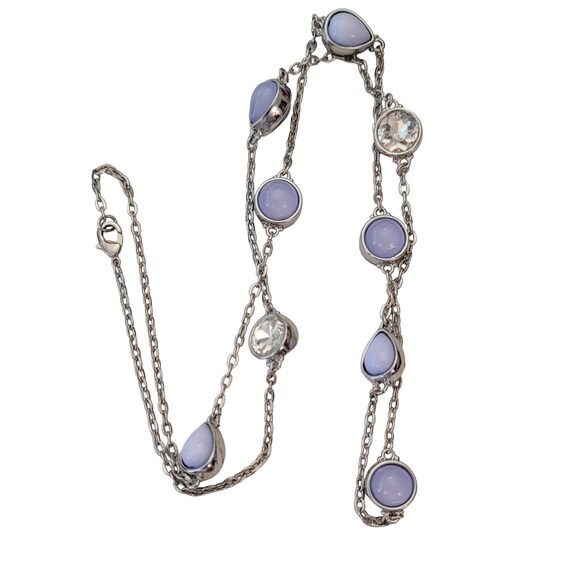 Silver Tone Periwinkle Blue-Purple Caged Lucite Clear Rhinestone Stations Chain Necklace E543