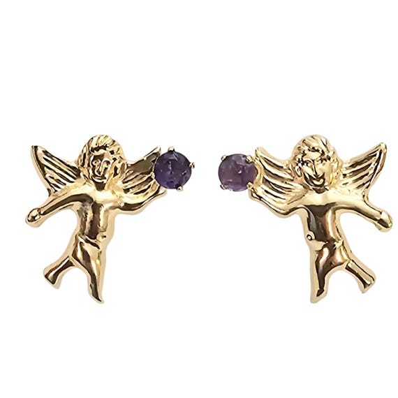 10K Yellow Gold Angel Cherub Post Earrings, Amethyst