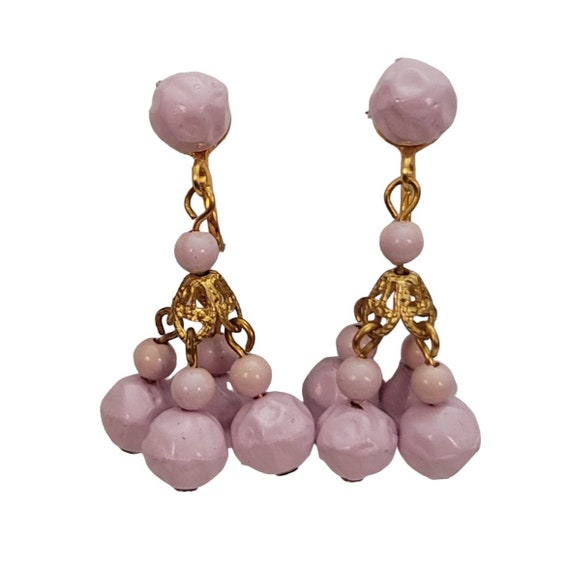 Gold Tone Lavender Purple Brass Cap Bead Dangle Clip On Earrings E313