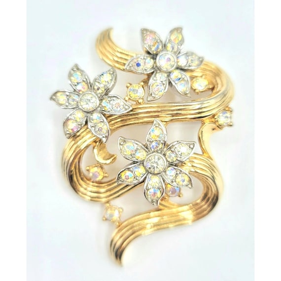 Trifari Alfred Philippe Goldtone Clear Rhinestone Flower Brooch Pin Signed