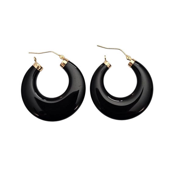 14K Yellow Gold Black Onyx Hoop Earrings
