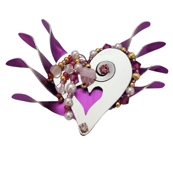 Liztech 1999 Heart Glass Bead Brooch Pin, Signed K