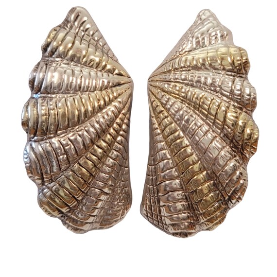 Sterling Silver Large Gilt Style Statement Designer Signed Shell Clip-On Earrings E511