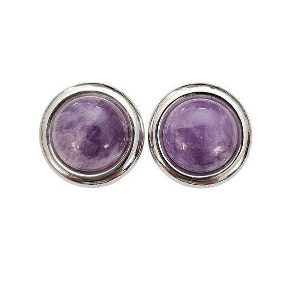 Silver Tone Round Domed Purple Amethyst Clip On Earrings