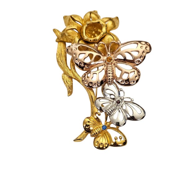 Rose Gold Silver Tone Brooch Trio Butterflies Rhinestone Daffodil Statement Pin, L652