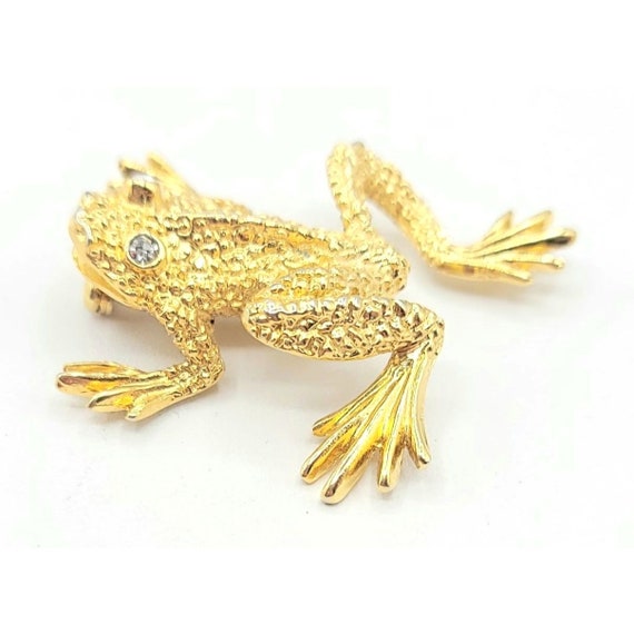 St. John Goldtone Clear Rhinestone Frog Brooch, Signed