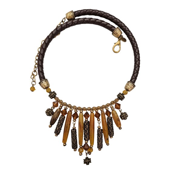 Chicos Braided Leather Gold Tone Lucite Topaz Glass Long Bead Drippy Necklace