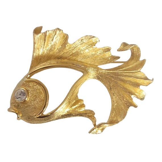 Christian Dior Gold Tone Open Angel Fish Clear Rhinestone Eye Brooch Pin, Signed E60