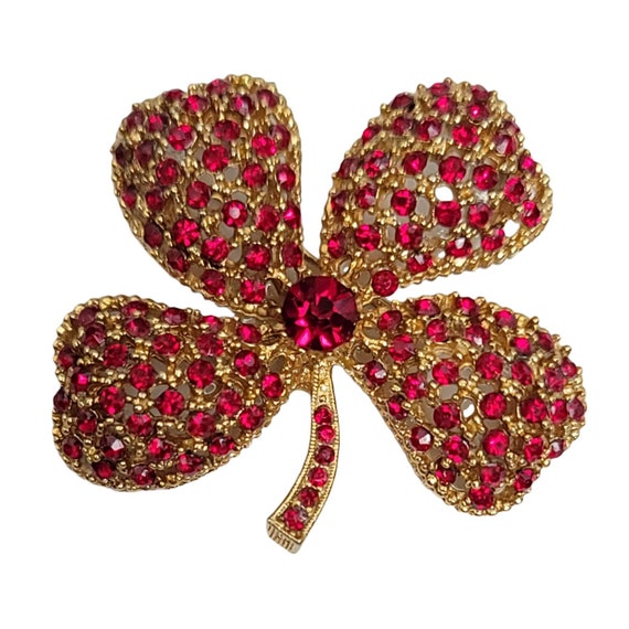 Signed ART Arthur Pepper Gold-Tone Red Rhinestone Clover Leaf Brooch