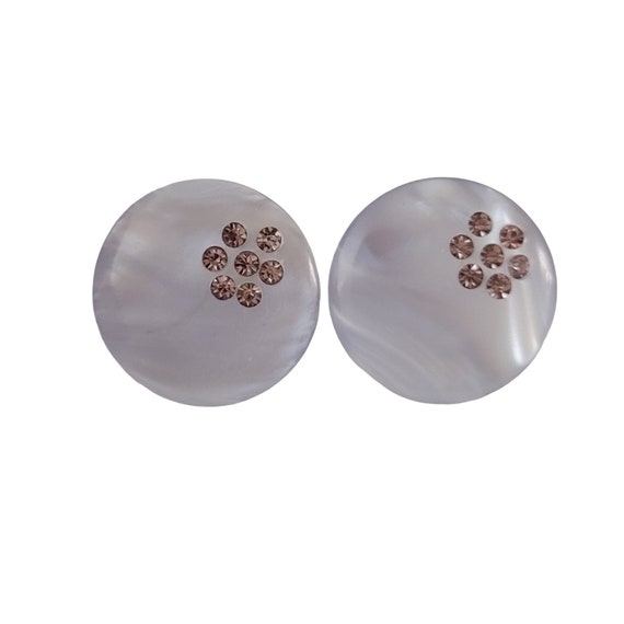 Light Blue Marbled Plastic Pink Rhinestone Button Clip-On Earrings K966