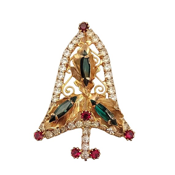 Gold Tone Red Green White Rhinestone Christmas Tree Brooch K796