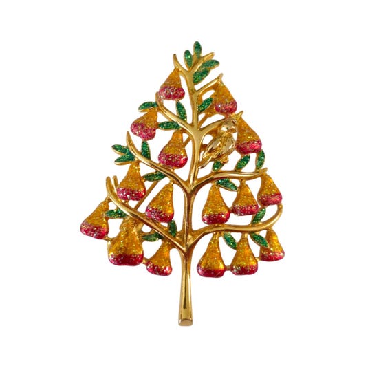 Christopher Radko Partridge In Pear Tree Brooch Christmas Pin, Signed