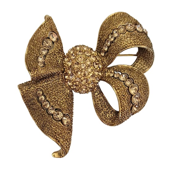 Joan Rivers Gold Tone Yellow Rhinestone Bow Brooch, Signed M739