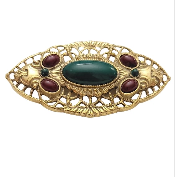 1928 Jewelry Brand Gold Tone Wine, Green Lucite Cab Filigree Oval Brooch K10