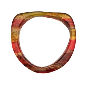 May include: A transparent, open-ended bangle bracelet with a unique, irregular shape. The bracelet features layers of red, gold, and brown hues, creating a marbled effect. The design has a textured, organic appearance, suitable for everyday wear.