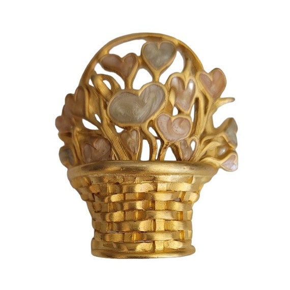 Gold Tone Enamel Basket Of Heart Flowers Brooch Pin