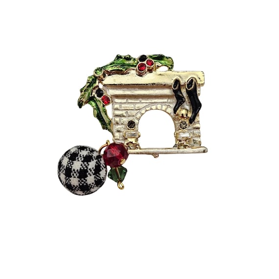 Vintage Fireplace Christmas Brooch Rhinestone Buffalo Check Bead Dangles J949
